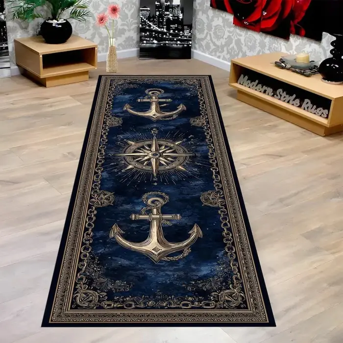 Tapis de couloir d'ancre nautique, Design boussole dorée, thème marin bleu profond, tapis de décorat