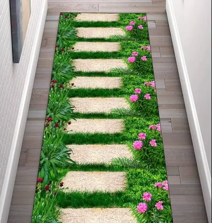 Tapis de couloir antidérapant à motif de plantes vertes et de marches de pierre