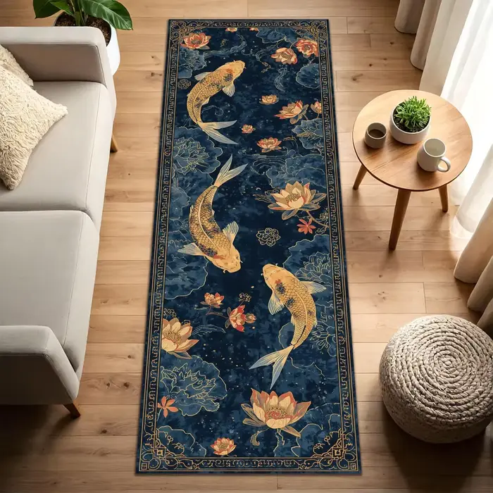 Tapis de Couloir Oriental Sérénité Bleu Marine avec Poissons Koi Dorés et Lotus Roses – Décoration Z