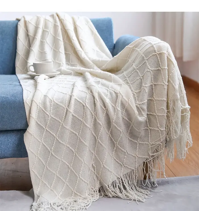 Jeté en tricot bleu pour lits avec pompon, gris bleu uni, texture plaid, housse de canapé, décoratio