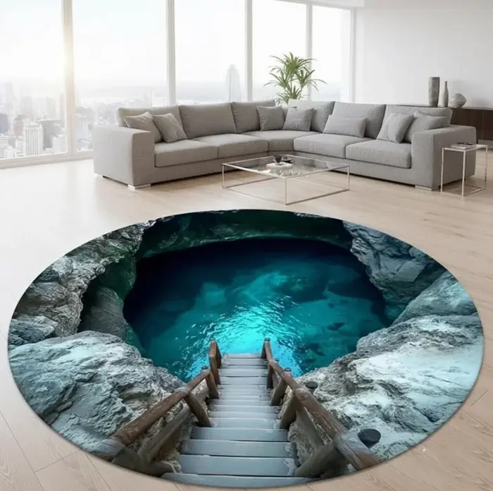 Tapis rond 3D effet océan bleu vert, illusion optique grotte aquatique, tapis unique pour salon, déc