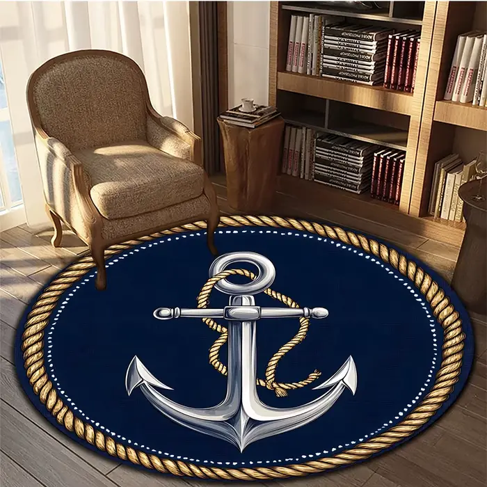 Tapis rond à motif d'ancre et de corde bleu marine