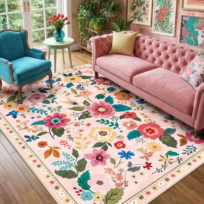 Tapis d'intérieur bohème rose à motifs floraux