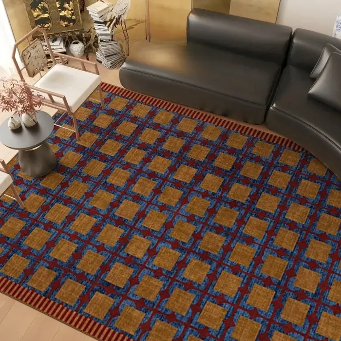 Tapis de salon vintage marron à carreaux imprimés
