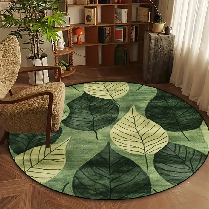 Tapis rond à feuilles vertes tropicales pour salon