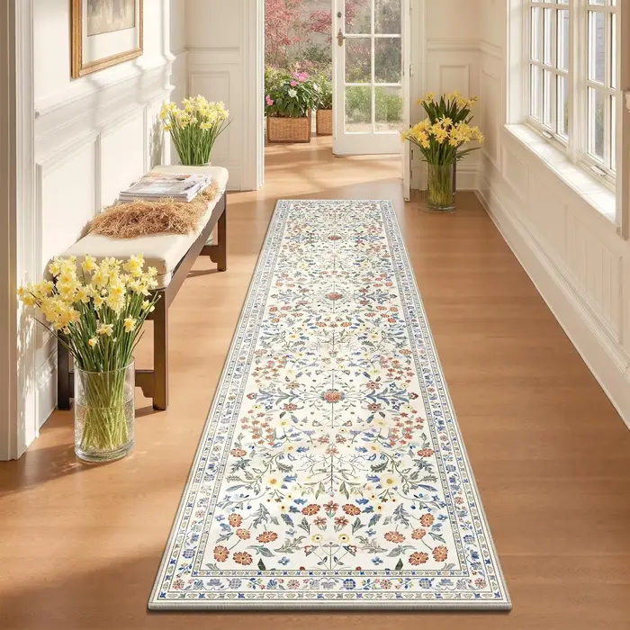 Tapis de couloir vintage vert à motif floral