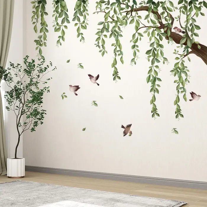 Autocollants muraux à l'encre feuilles vertes Nature pour salon chambre maison fleur fond décoration murale autocollant auto-adhésif papier peint