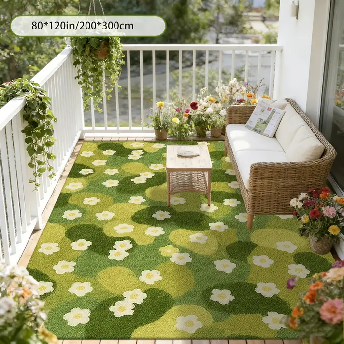 Tapis Décoratif Motif Champ Floral Vert Printemps Frais, Tapis de Sol à Imprimé Botanique Vif pour Aménagement Intérieur et Extérieur de la Cour et de la Maison