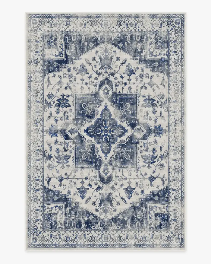 Tapis d'intérieur vintage Lea bleu lavable, style financier, antidérapant, traditionnel, degré de ta