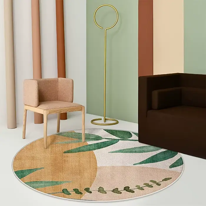 Tapis rond à motif de feuilles beiges – Tapis en peluche douce