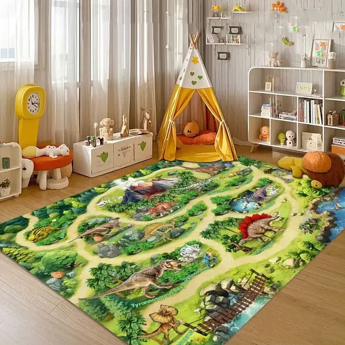 Tapis de jeu Dinosaure Jungle pour salon, chambre ou espace extérieur, tapis amusant et lavable, idé