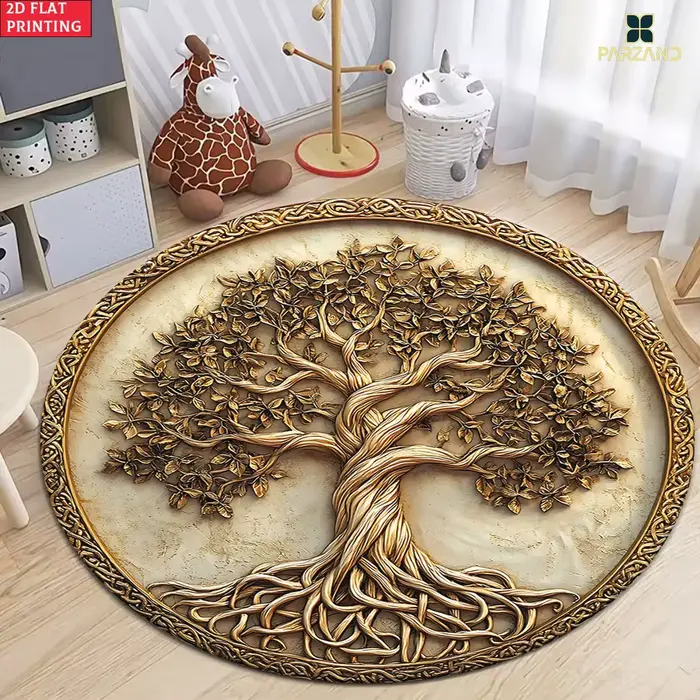 Tapis rond en or blanc à motif floral