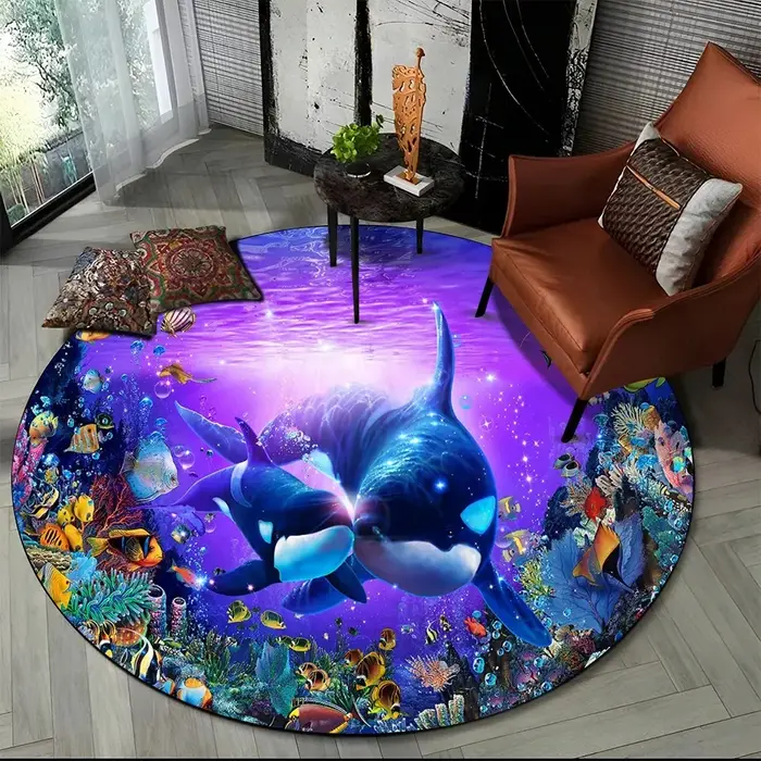 Tapis rond de dessin animé de dauphin du monde sous-marin
