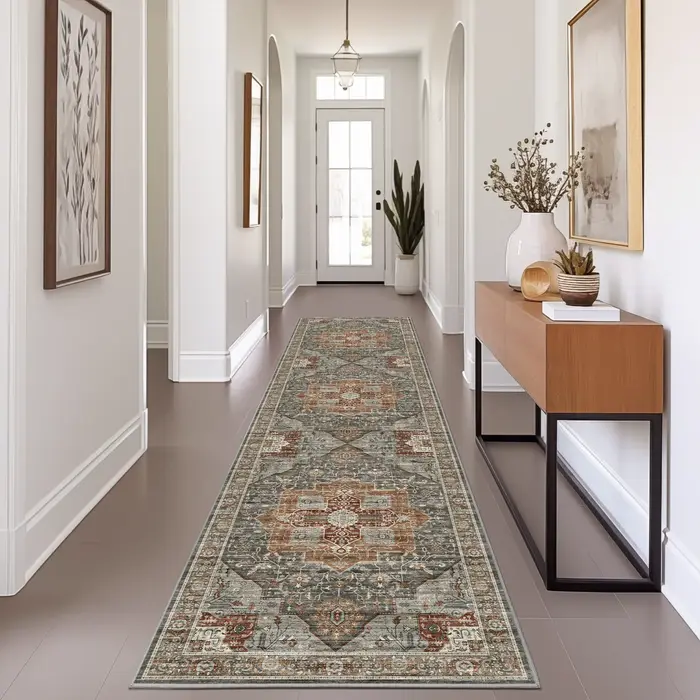 VIKAMA Tapis de couloir vintage, antidérapant, lavable, à poils bas, doux, pour salon, cuisine, cham