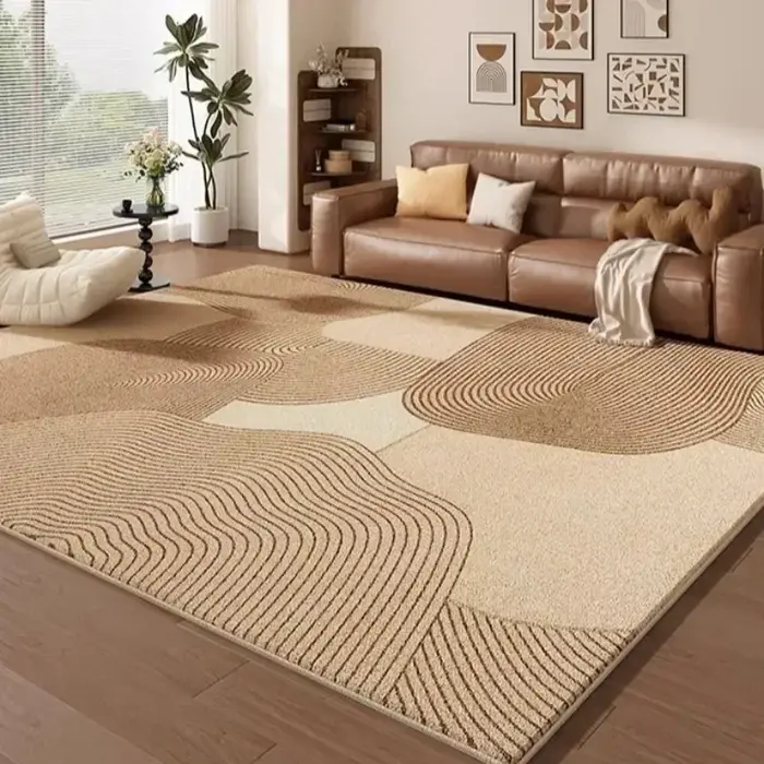 Tapis de sol grand format pour salon et chambre, beige et marron, motif abstrait lignes ondulées, imprimé en blocs, tapis doux, décoration moderne et minimaliste pour la maison