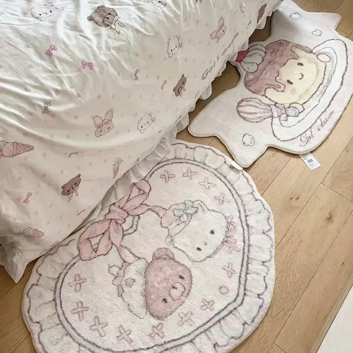 Tapis de sol mignon motif dessin animé pour fille, tapis de chevet en peluche imitation cachemire, tapis de pied antidérapant pour table basse, décoration de chambre