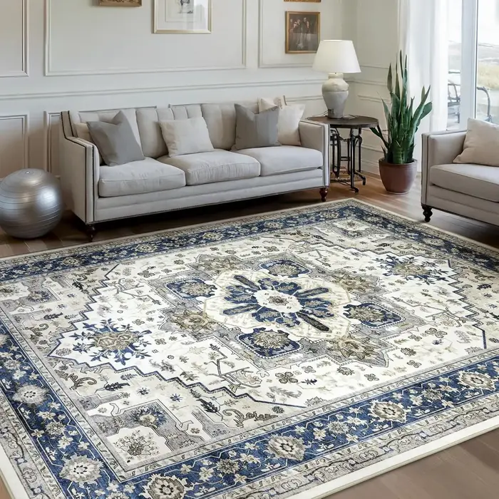 Tapis de sol à motif persan traditionnel, décoration élégante de Style classique, tapis de sol à fleurs géométriques bleues et blanches pour salon