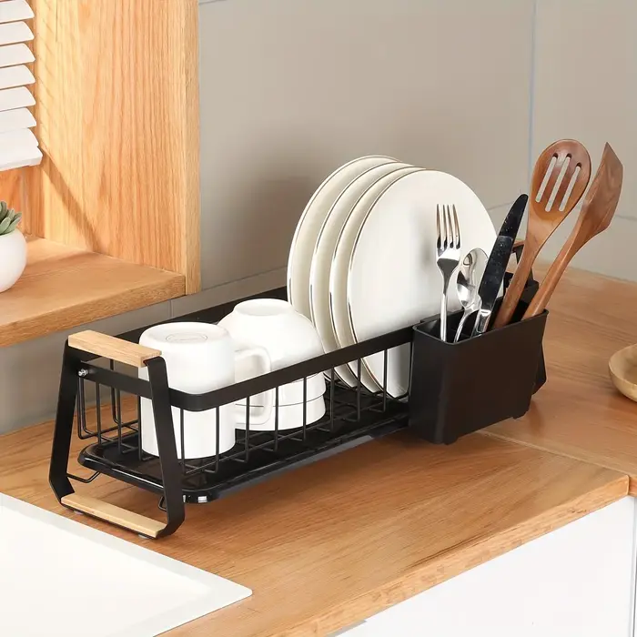 Égouttoir à vaisselle étroit pour comptoir de cuisine avec bac de récupération des eaux et porte-couverts amovible