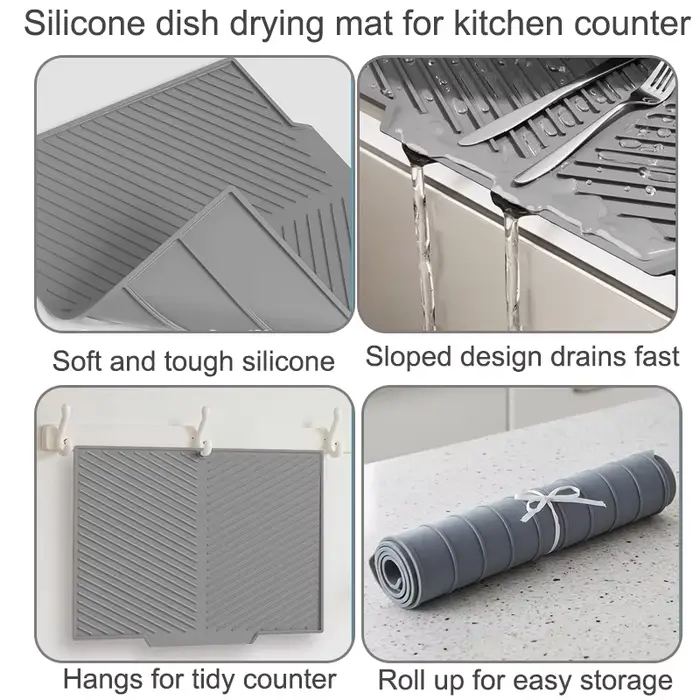 Tapis de séchage de vaisselle en silicone avec rebord de drainage intégré