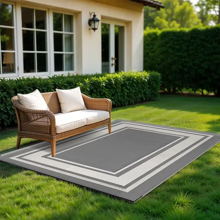 Tapis d'extérieur RURALITY imperméable pour patio, grand tapis en paille plastique pour camping, véranda, camping-car, réversible gris et blanc
