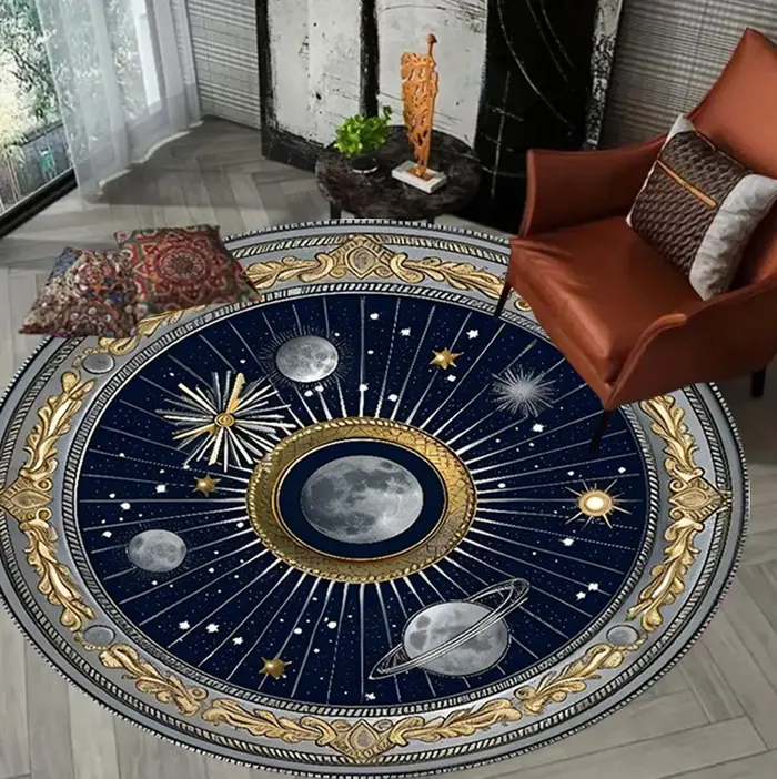 Tapis circulaire imprimé ciel étoilé, motif étoile lune, boussole de rêve, décoration de salon et de chambre à coucher