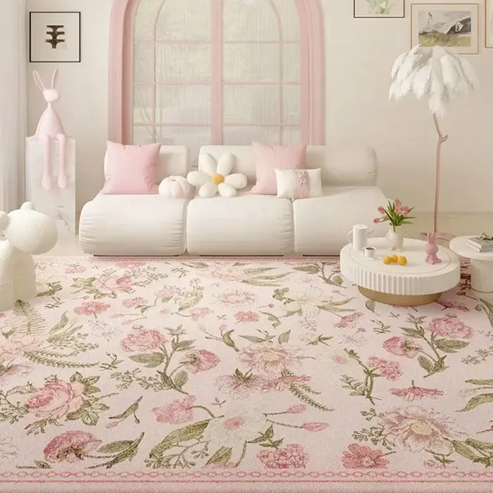 Tapis de salon à fleurs roses