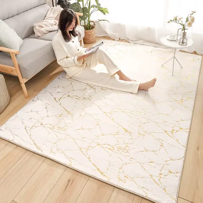 Grand tapis en poils artificiels de lapin pour salon, moderne, en marbre doré, doux et moelleux, bla