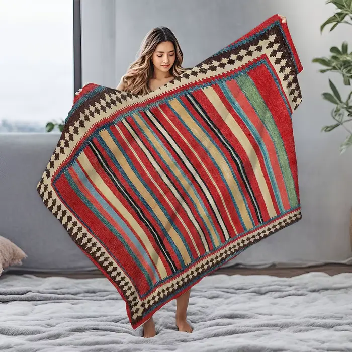 Tapis Kilim rayé Vintage ethnique fait à la main en laine