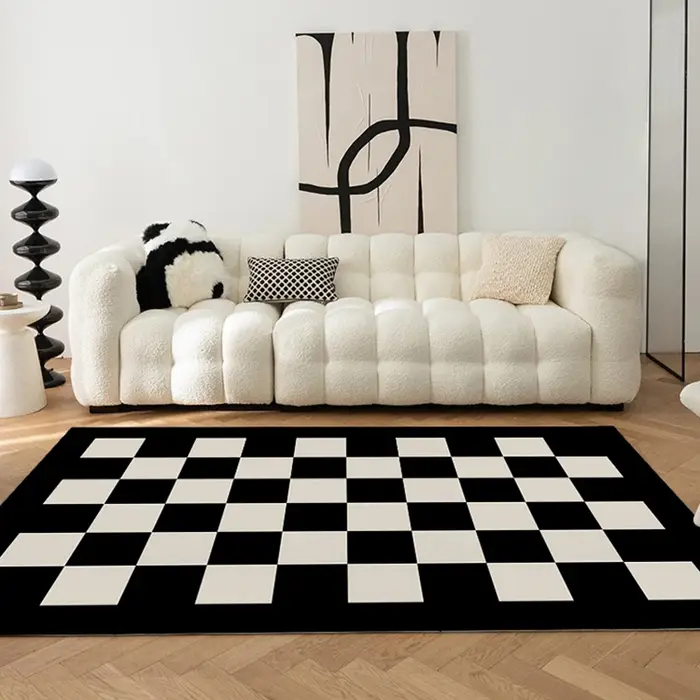 Tapis damier noir et blanc, décor de salon, maison, canapé, Style crème, chambre de fille, cuisine, 