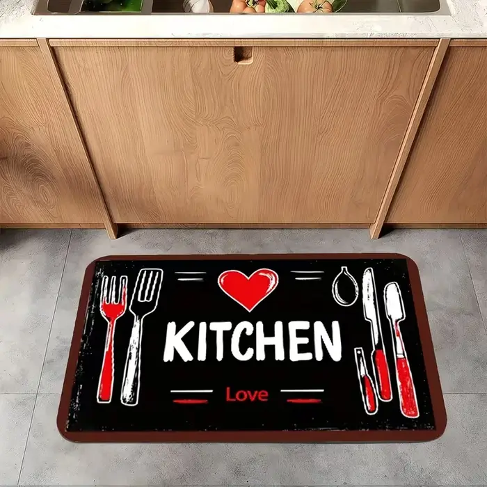 Tapis de cuisine Love avec fourchette cuillère coeur rouge, antidérapant, doux, facile à nettoyer, a