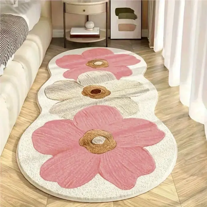 Tapis de sol floral de style nordique, bleu et beige, tapis moelleux à motifs floraux, tapis décoratif pour chambre à coucher, chambre de fille, décoration intérieure