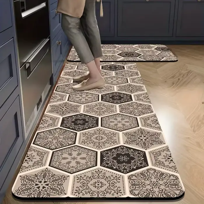 Tapis de cuisine hexagonal bleu et blanc VIKAMA Mediterranean, tapis de couloir antidérapant marocai