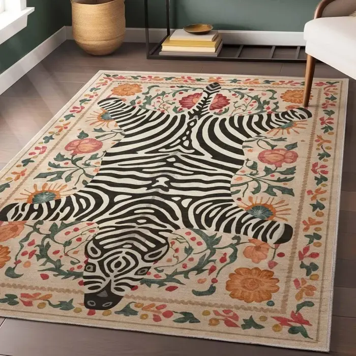 Tapis persan vintage bleu à motifs floraux et tigres