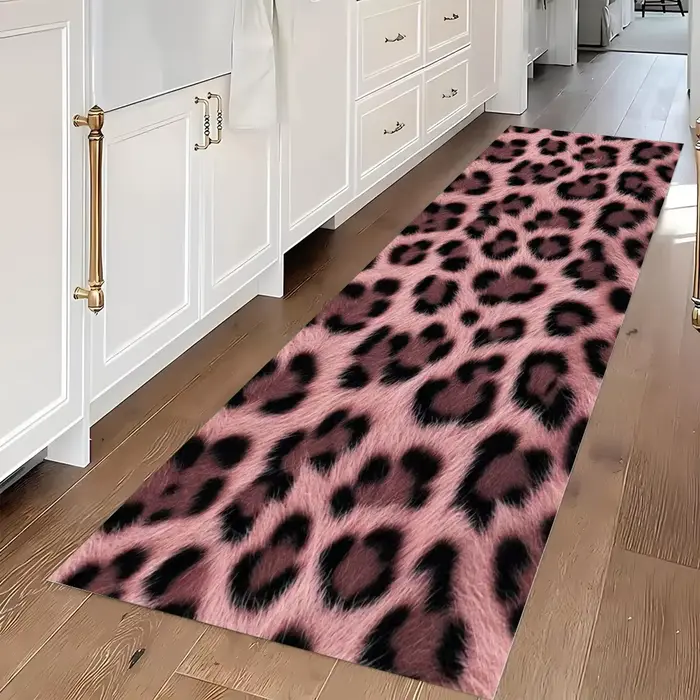 Tapis de couloir long rose léopard antidérapant et lavable, tapis de cuisine tendance imprimé guépar