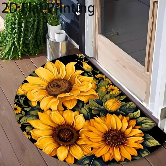 Tapis de porte à motif tournesol sur fond noir plat 2D avec design semi-circulaire