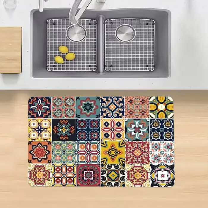 Tapis de cuisine de style bohème avec motifs en mosaïque – Antidérapant et lavable en machine, dispo