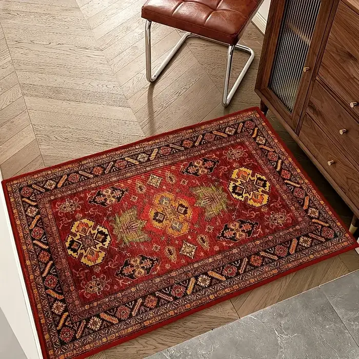 VIKAMA Tapis de sol rouge de style ethnique vintage – Tapis de porte d'entrée durable et antidérapant pour tapis de sol de cuisine et décoration de la maison