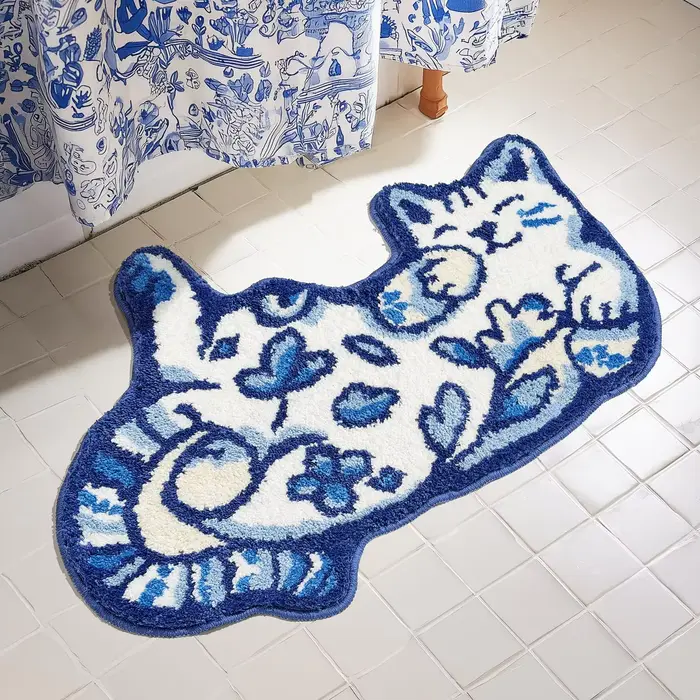 VIKAMA Tapis bleu Delft pour chat, antidérapant, absorbant l'eau, pour salle de bain, tapis de sol d