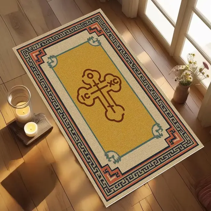 Tapis classique à motif grec et croix orthodoxe | Tapis de prière chrétien, tapis pour chambre à c