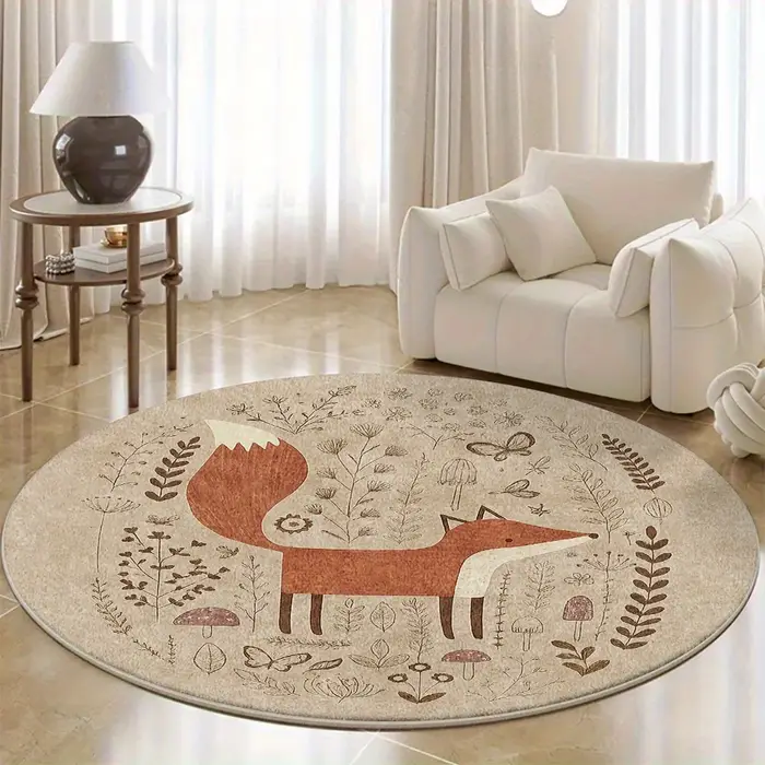 Tapis rond rustique en polyester doux motif renard des bois, tapis de sol bohème pour chambre d'enfa