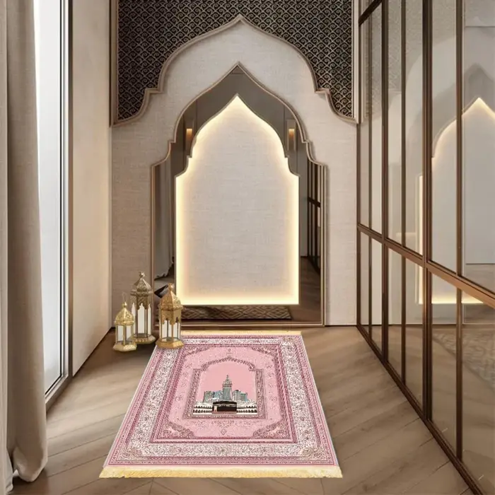 Tapis de prière islamique en polyester rose doré