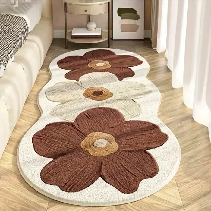 Tapis de sol floral de style nordique, bleu et beige, tapis moelleux à motifs floraux, tapis décoratif pour chambre à coucher, chambre de fille, décoration intérieure