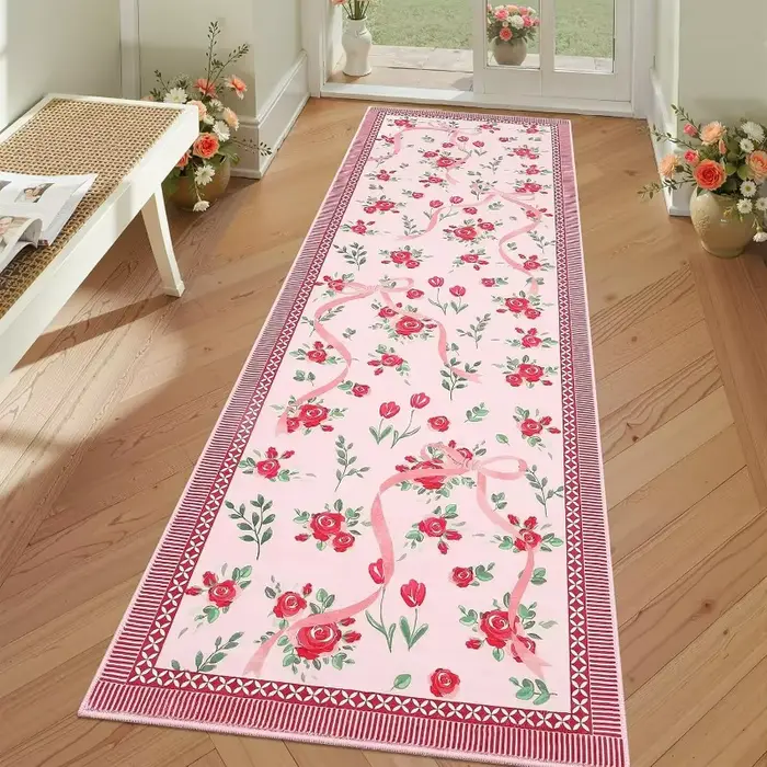 Tapis floral rose à nœuds multicolores