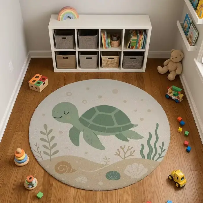 Tapis monde sous-marin vibrant, rond, océan, avec tortue, hippocampe et poissons, tapis de vie Marin