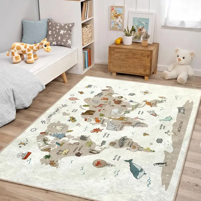 Tapis de carte du monde avec animaux de dessin animé