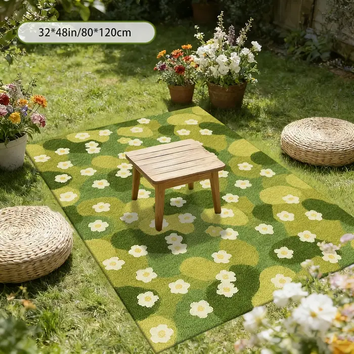 Tapis Décoratif Motif Champ Floral Vert Printemps Frais, Tapis de Sol à Imprimé Botanique Vif pour Aménagement Intérieur et Extérieur de la Cour et de la Maison