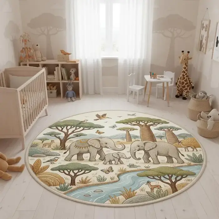 Tapis rond pour chambre d'enfant avec motif de lion