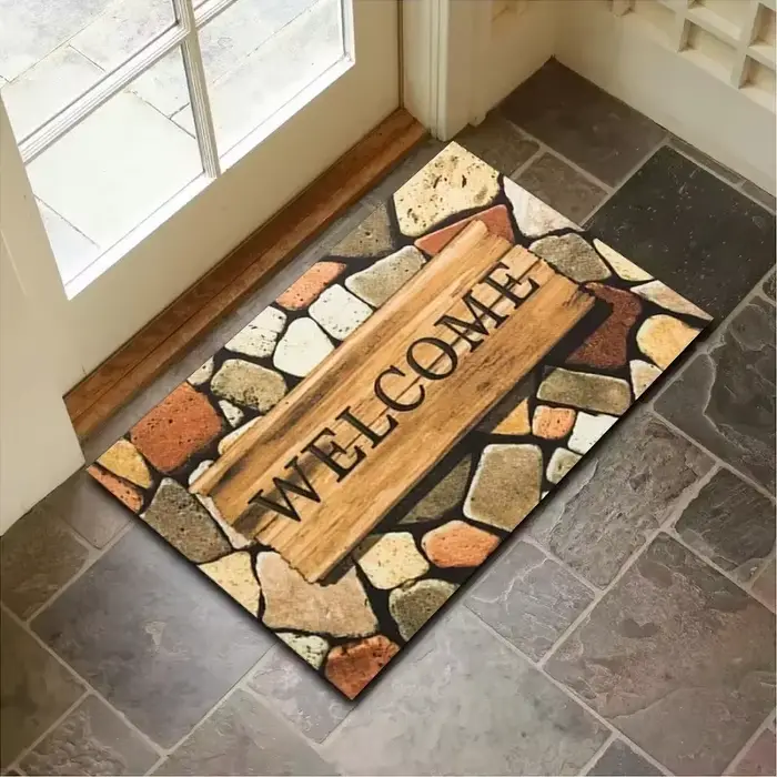 Tapis de porte à motif de pierre avec design de bienvenue pour la maison
