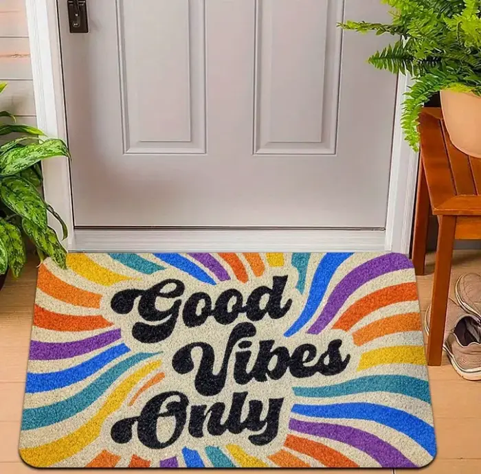 Tapis d'entrée Good Vibes Only - Tapis d'entrée rétro arc-en-ciel