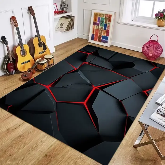 Tapis géométrique noir et rouge, motif polygonal 3D effet fissures, futuriste et audacieux, pour la 